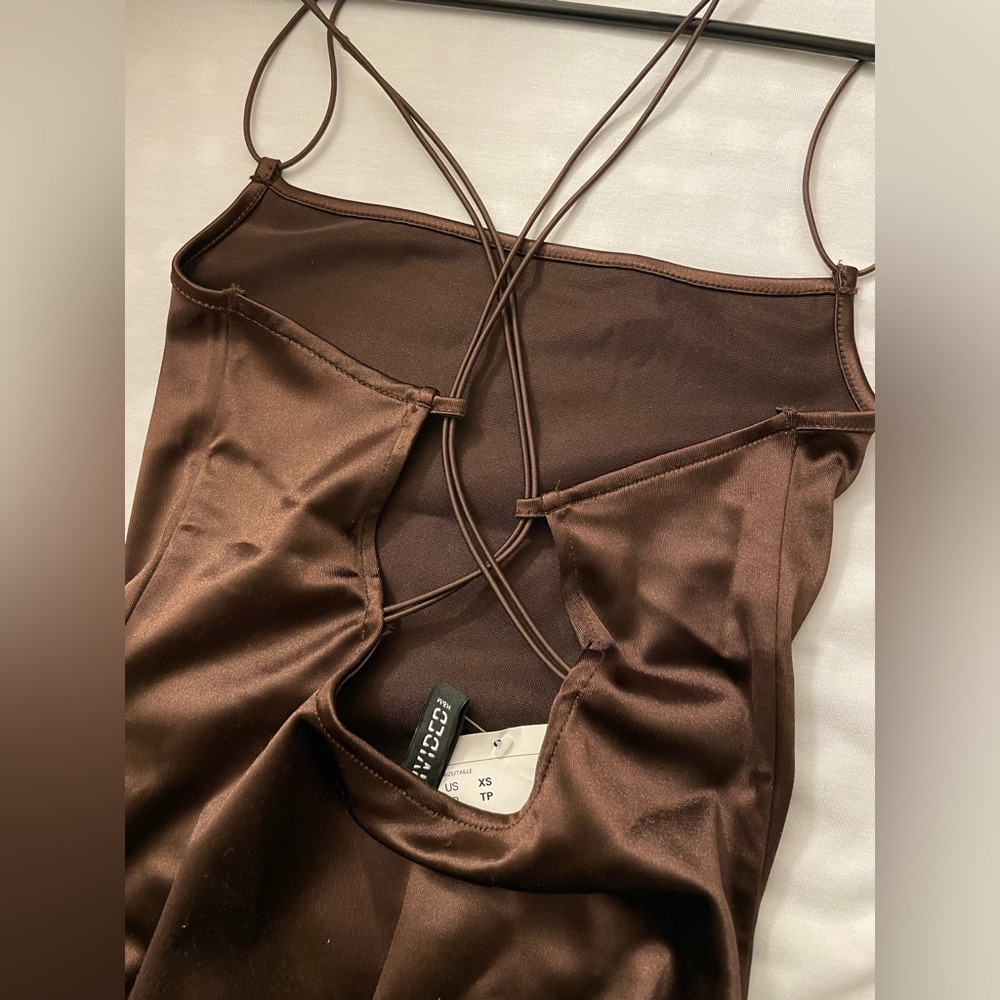 Bodycon / Fitted Chocolate Brown Satin Cross back Mini Dress OBO